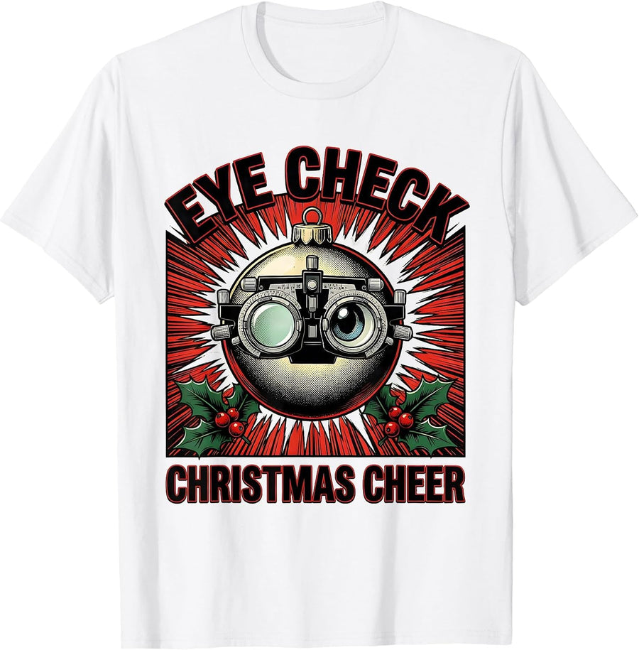 Men's Eye Check Christmas Cheer Comic Book Optometrist Eye Exam T-Shirt - White