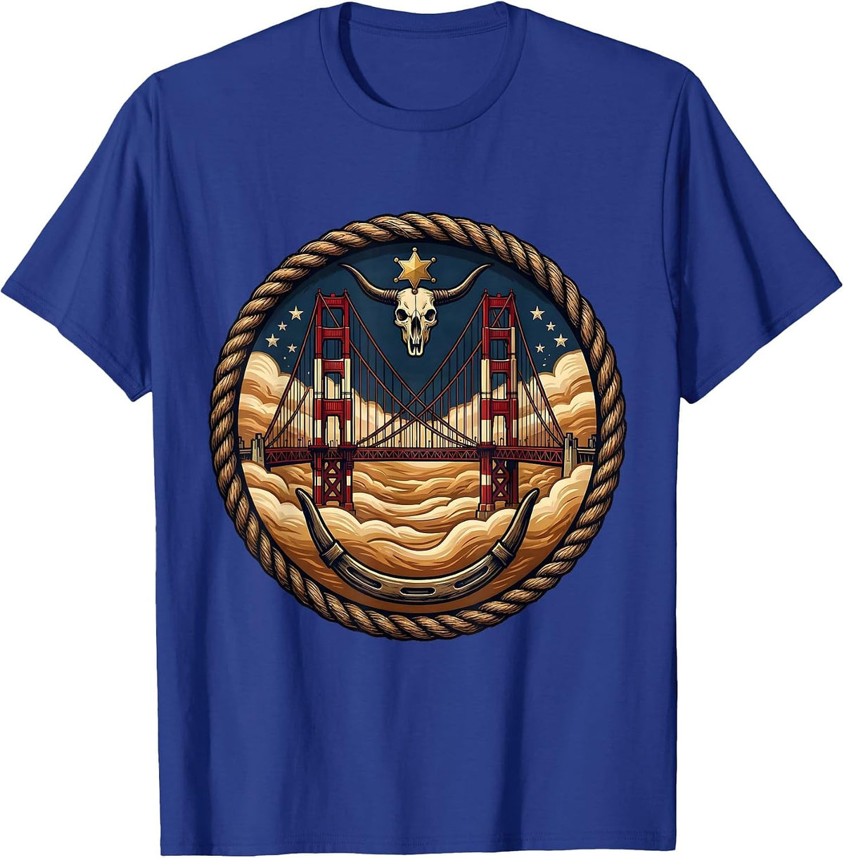 Golden Gate Bridge Morning Fog Illustration T-Shirt - Royal Blue