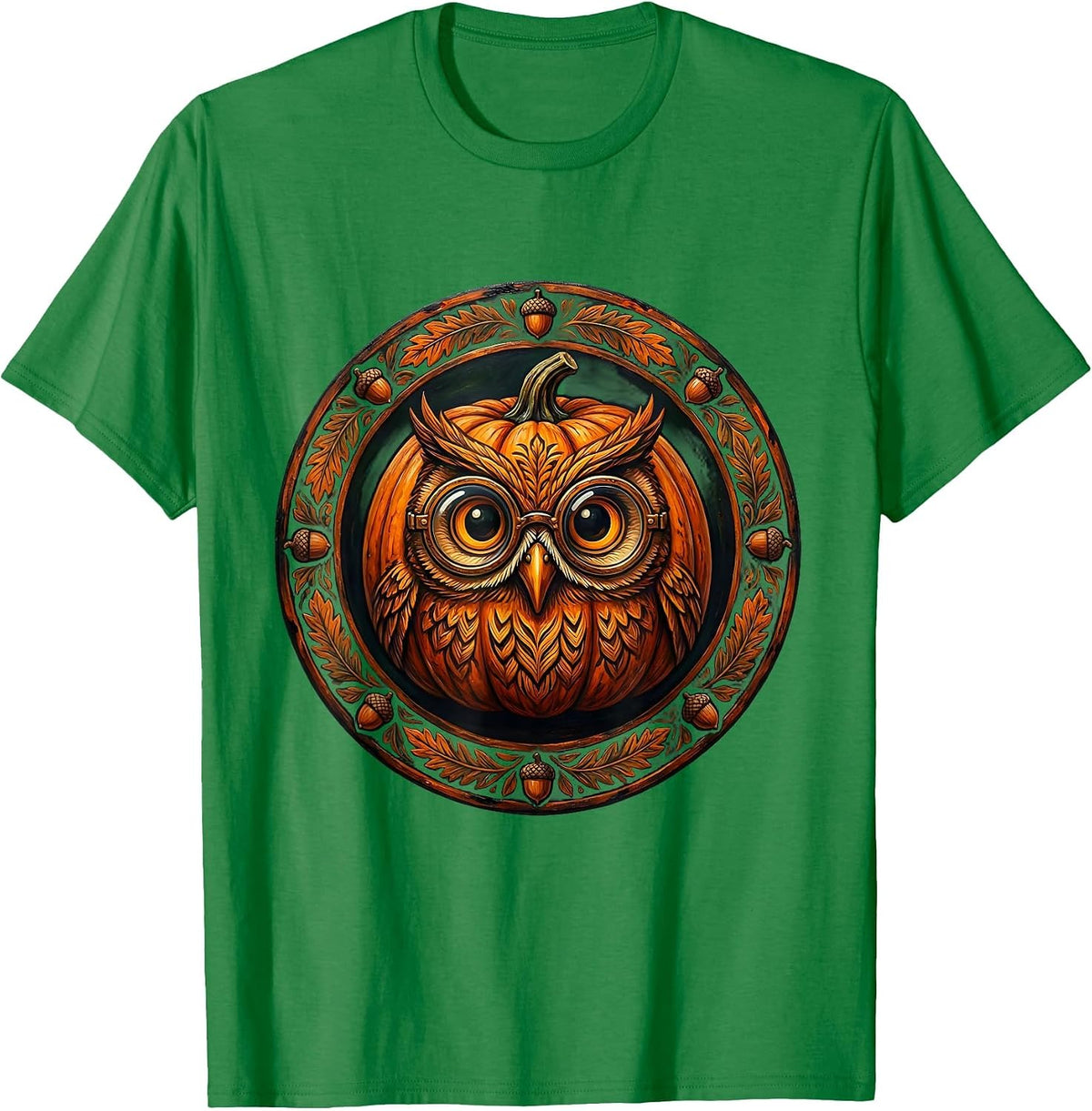 Men's Fall Teacher Owl Pumpkin Carved Jack-o-Lantern T-Shirt - Kelly Green
