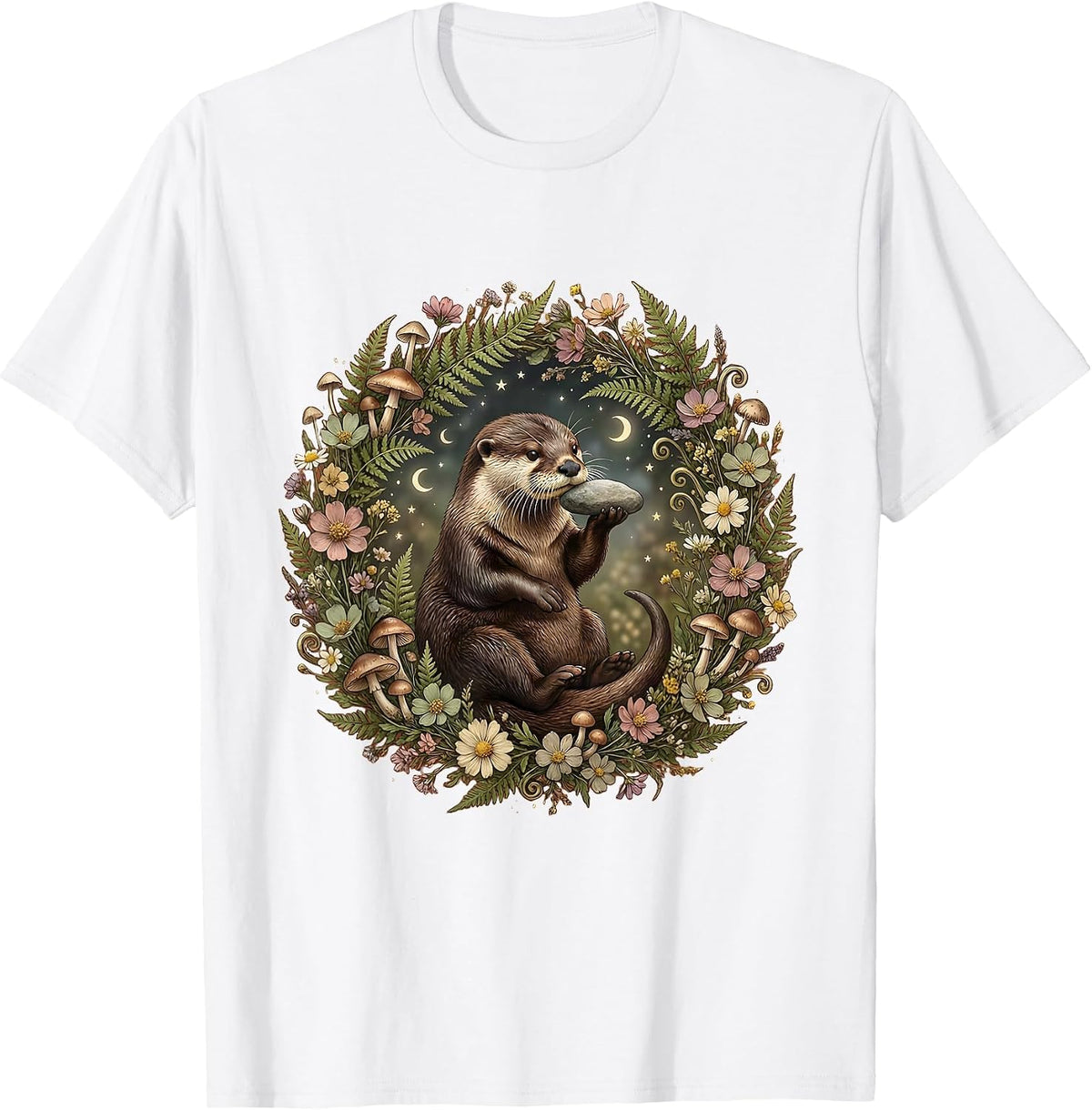 Otter Balancing Rock on Nose Illustration T-Shirt - White