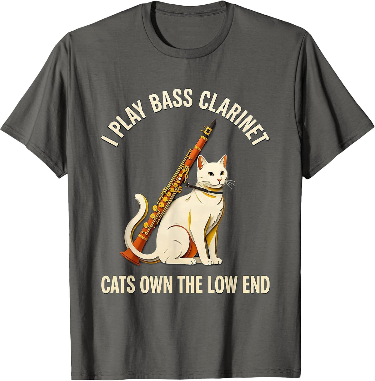 Men's I Play Bass Clarinet, Cats Own The Low End Funny T-Shirt - Asphalt Grey