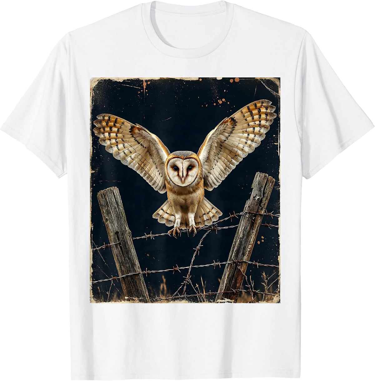 Men's Texas Barn Owl on Barbed Wire Fence Illustration T-Shirt - White