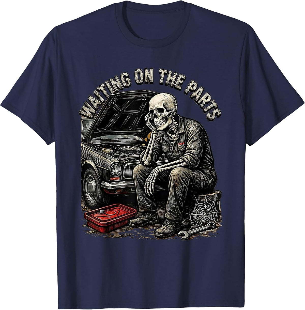 Men's Waiting On The Parts Funny Mechanic Skeleton Auto Repair T-Shirt - Navy Blue