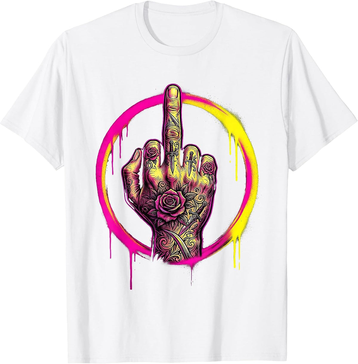 Men's Ornate Tattoo Middle Finger Graphic Design T-Shirt - White