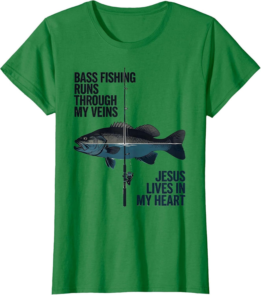 Women's Bass Fishing Runs Through My Veins, Jesus Lives In My Heart T-Shirt - Kelly Green