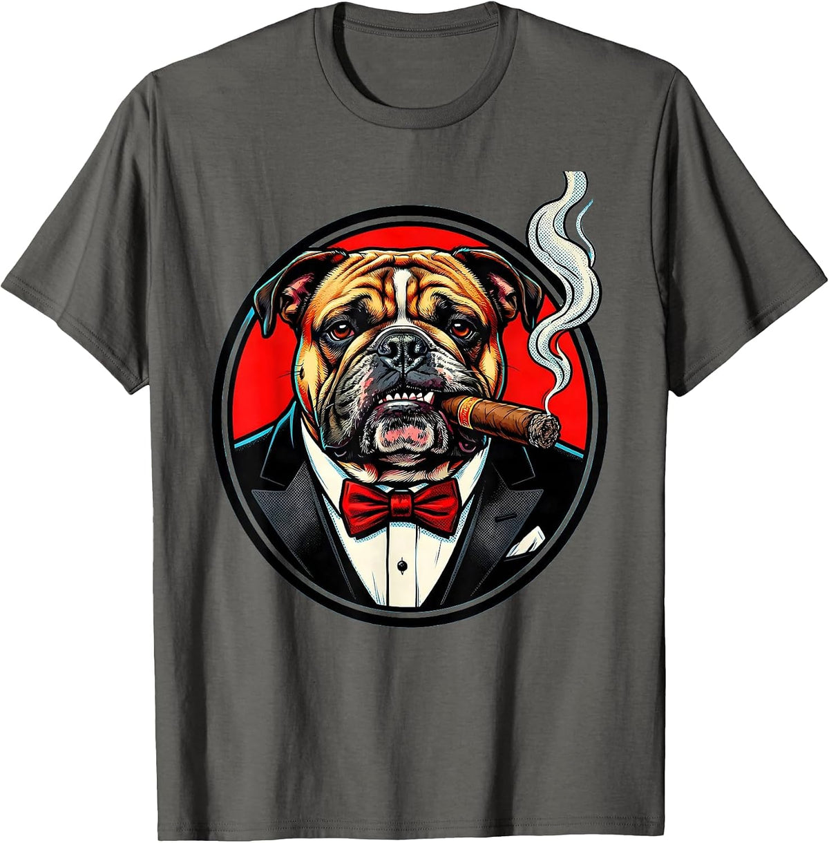 Bulldog in Tuxedo Cigar Chewing Graphic Design T-Shirt - Asphalt Grey