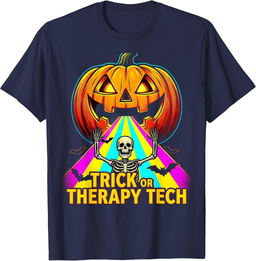 Trick Or Therapy Tech Pop Art Halloween Radiology Tech Humor T-Shirt - Navy Blue