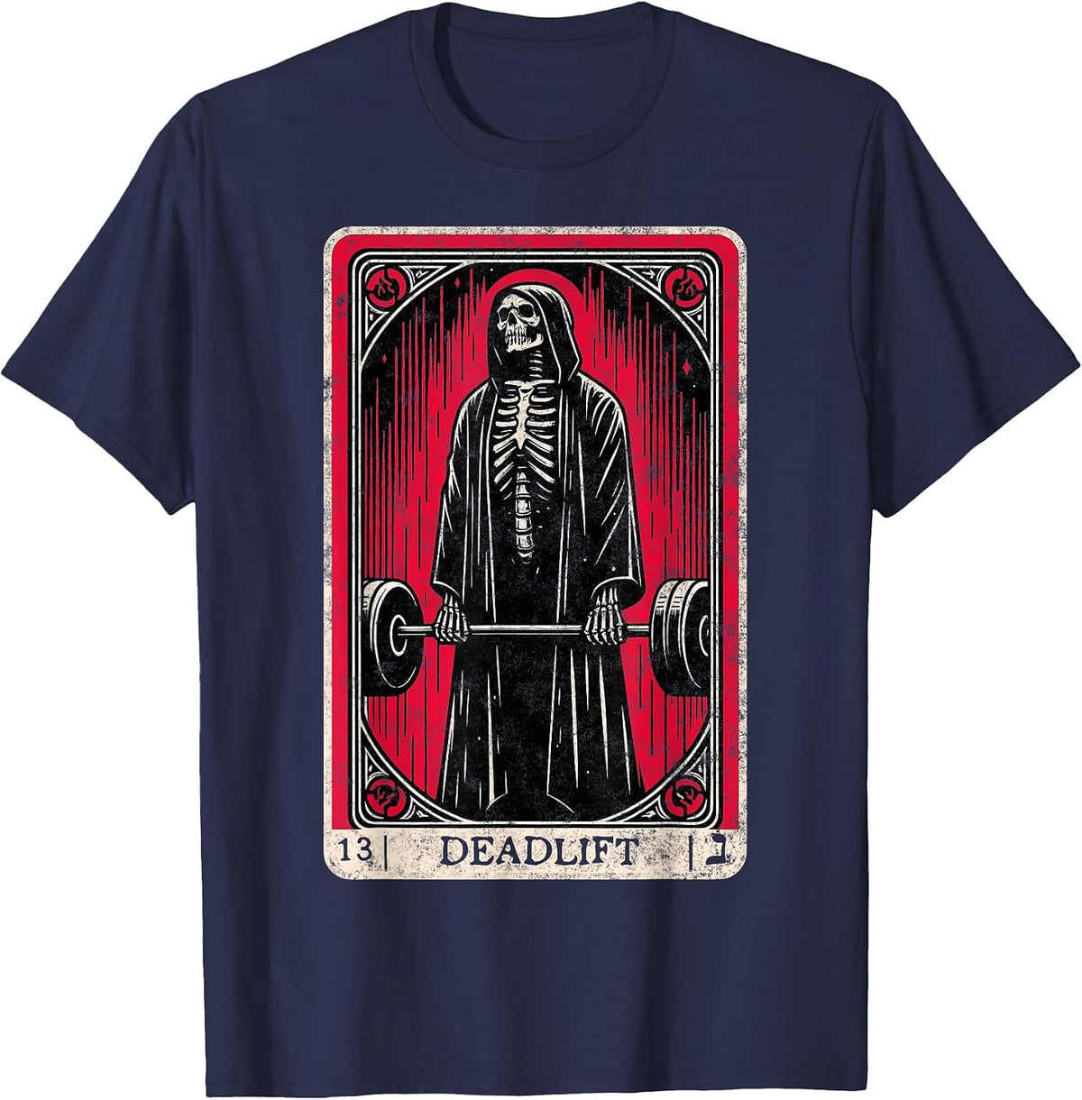 Vintage Deadlift Skeleton Tarot Card Weightlifting Gym T-Shirt - Navy Blue