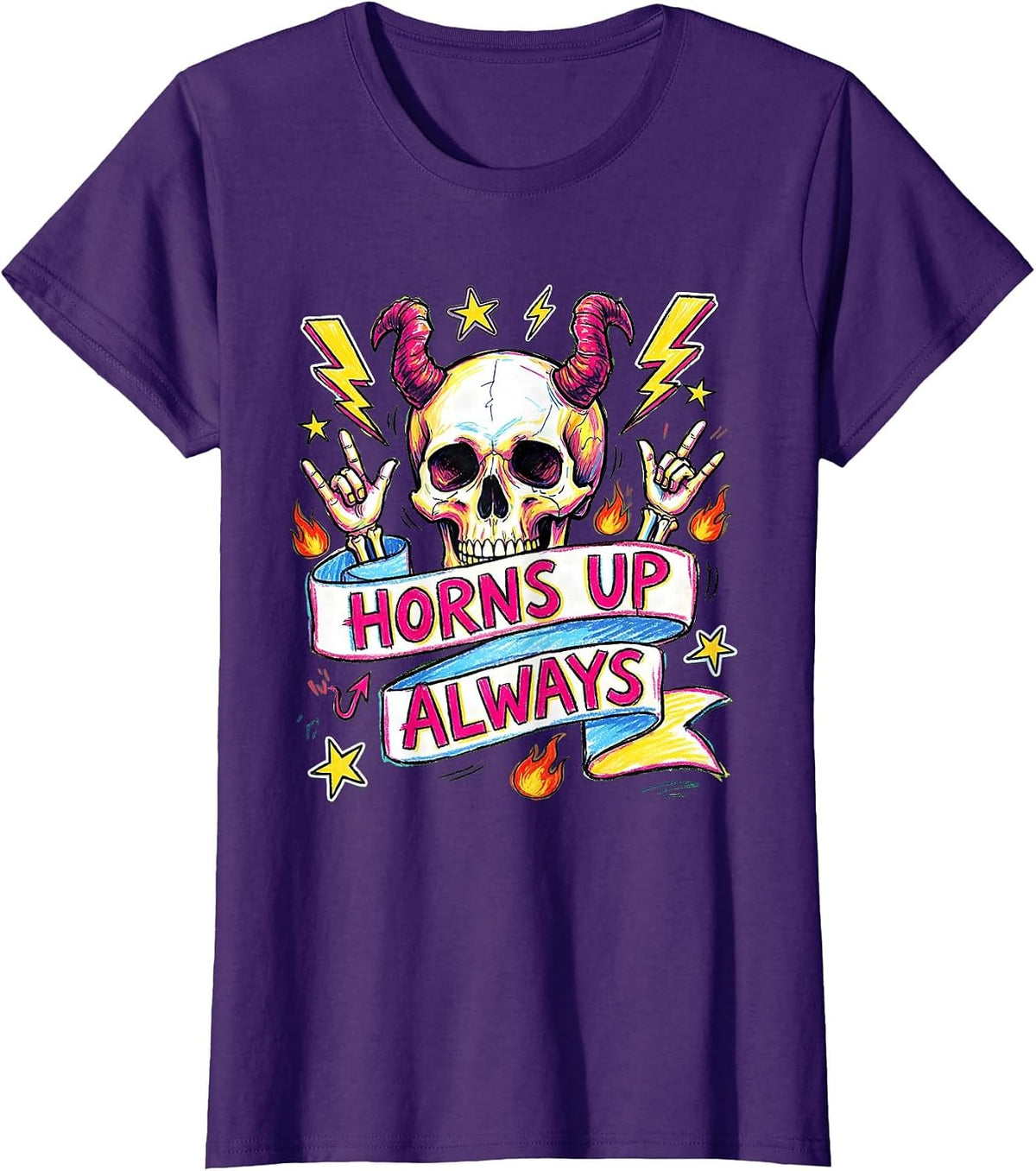 Women's Horns Up Always Heavy Metal Graphic Design T-Shirt - Purple