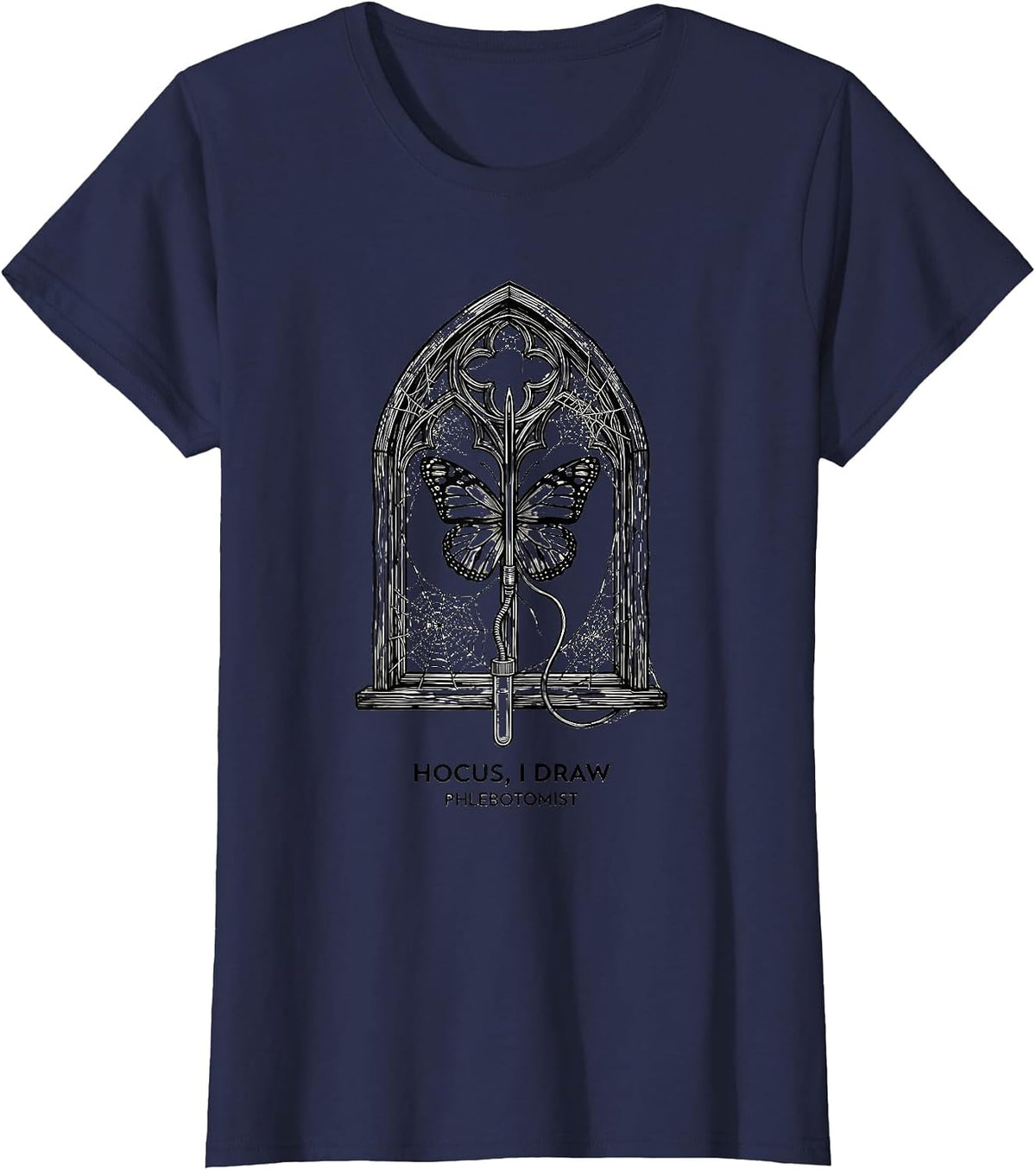 Women's Hocus, I Draw, Phlebotomist Funny Halloween Nurse Lab Tech T-Shirt - Navy Blue