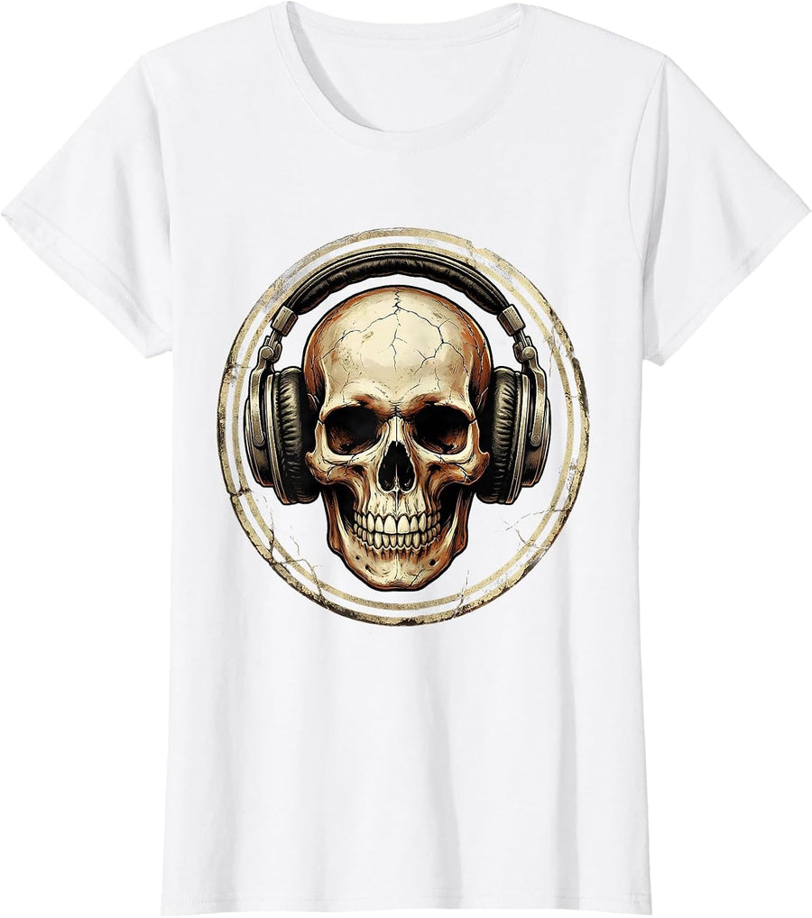 Women's Skull Vintage Headphones Rock Band Graphic T-Shirt - White