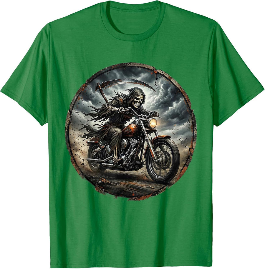 Men's Grim Reaper Chopper Motorcycle Storm Clouds Graphic T-Shirt - Kelly Green
