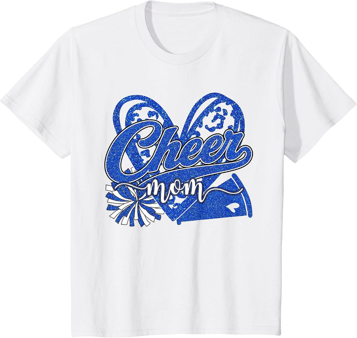 Cheer Mom Blue Megaphone Pom Pom Heart Cheerleader Spirit T-Shirt - White