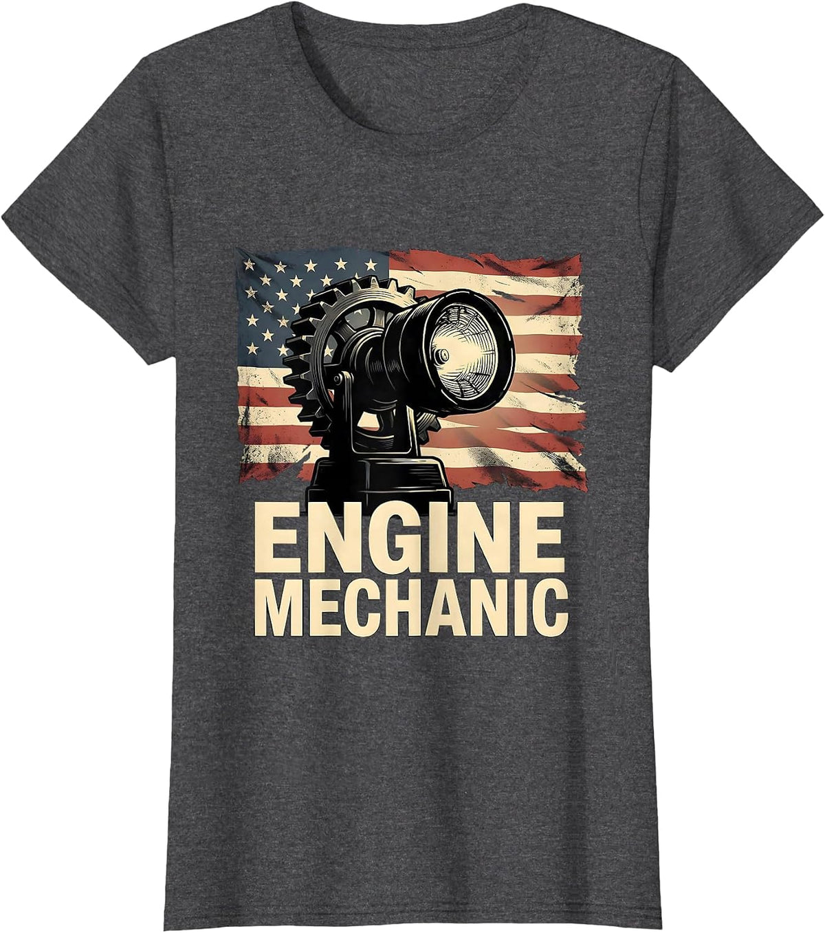Women's Engine Mechanic Distressed Flag American Worker Patriotic T-Shirt - Dark Heather Grey