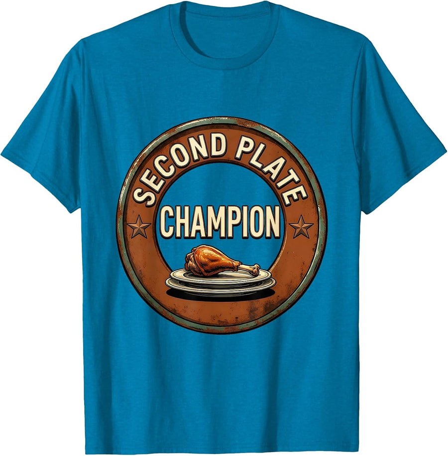 Second Plate Champion Vintage Funny Thanksgiving Family T-Shirt - Sapphire Blue