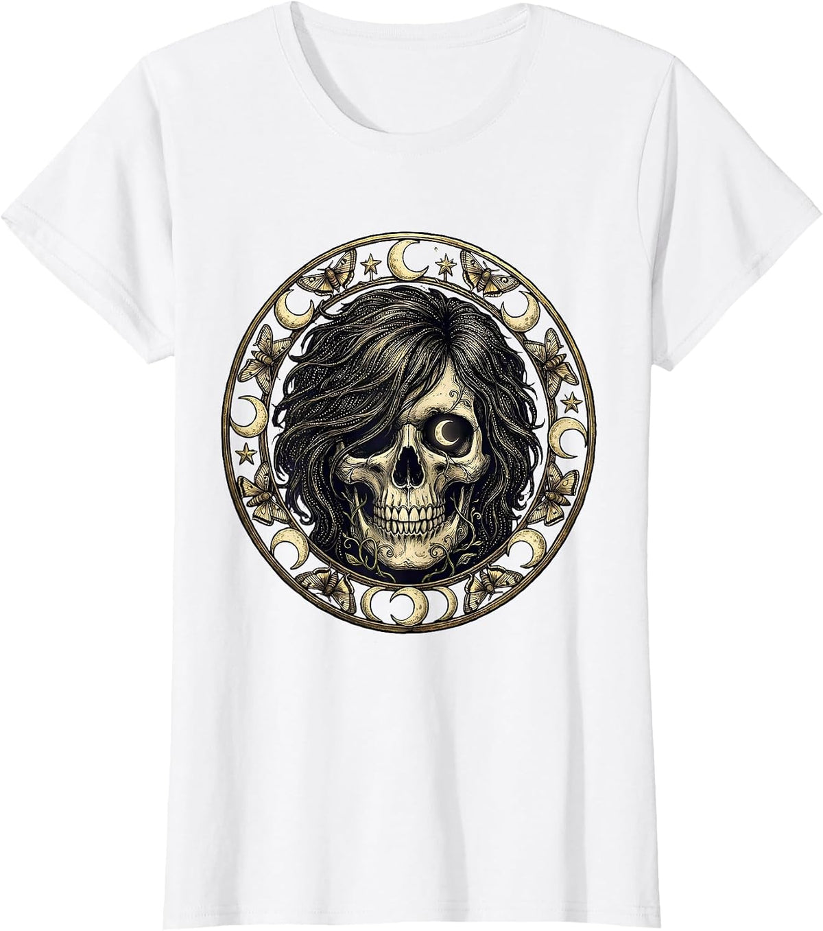 Emo Skull Side-Swept Hair Graphic Design T-Shirt - White