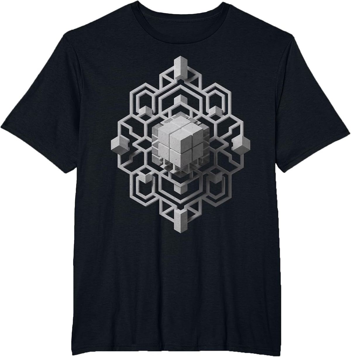 3D Geometric Pattern Cube Isometric Art Optical Illusion T-Shirt - Black
