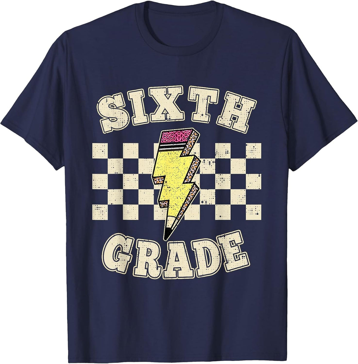 Sixth Grade Lighting Bolt Pencil Retro 6th Grade Teacher T-Shirt - Navy Blue