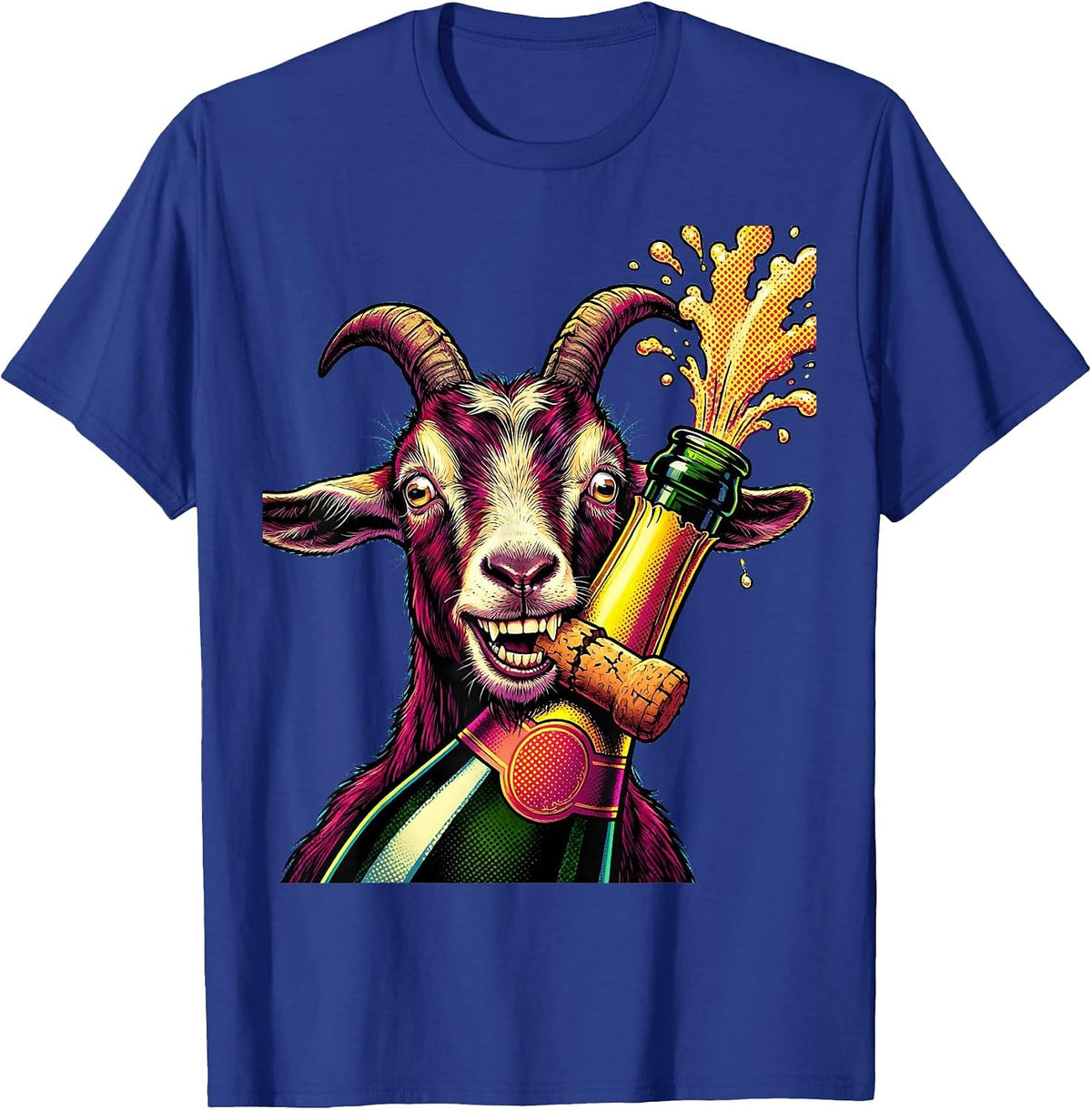 Funny Goat Champagne Cork Drinking Illustration T-Shirt - Royal Blue