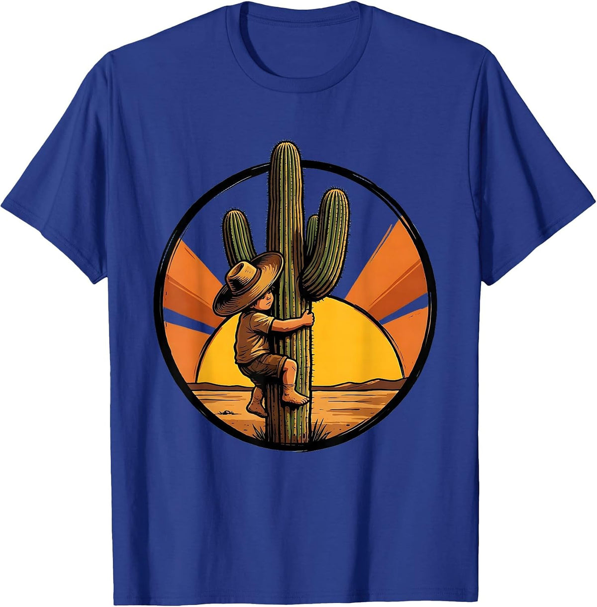 Mexican Boy Climbing Cactus Sunset Graphic Design T-Shirt - Royal Blue