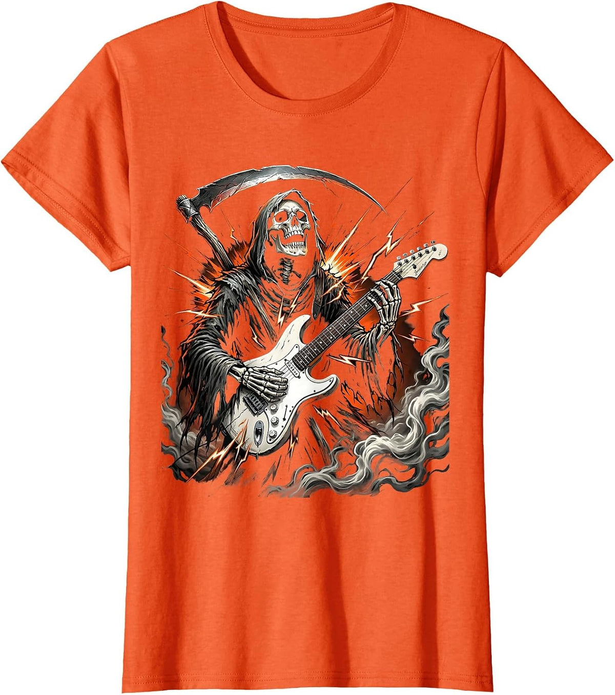 Grim Reaper Electric Guitar Halloween Graphic T-Shirt - Orange