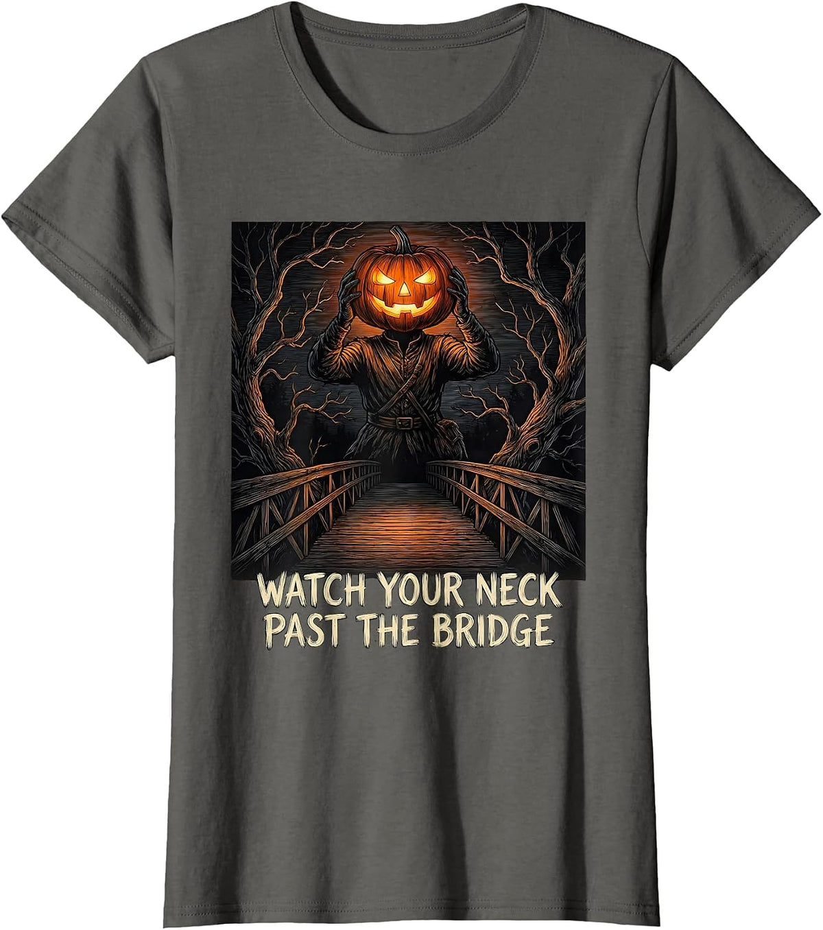 Women's Watch Your Neck Past The Bridge Vintage Gothic Halloween T-Shirt - Asphalt Grey