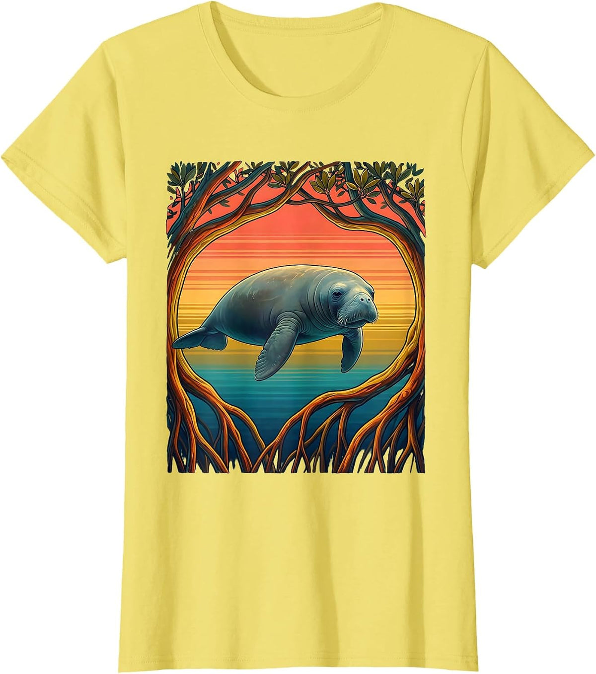 Puerto Rico Manatee Mangrove Roots Illustration T-Shirt - Lemon Yellow