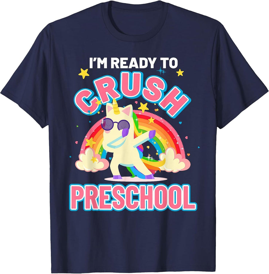 Welcome Back to School Unicorn Crushing Preschool T-Shirt - Navy Blue