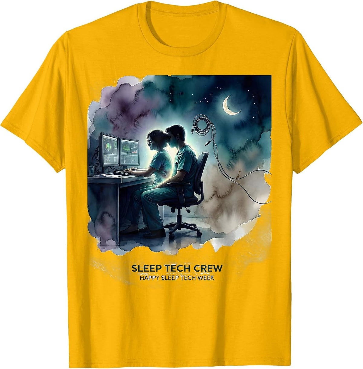 Sleep Tech Crew Happy Sleep Tech Week Watercolor Healthcare T-Shirt - Golden Yellow