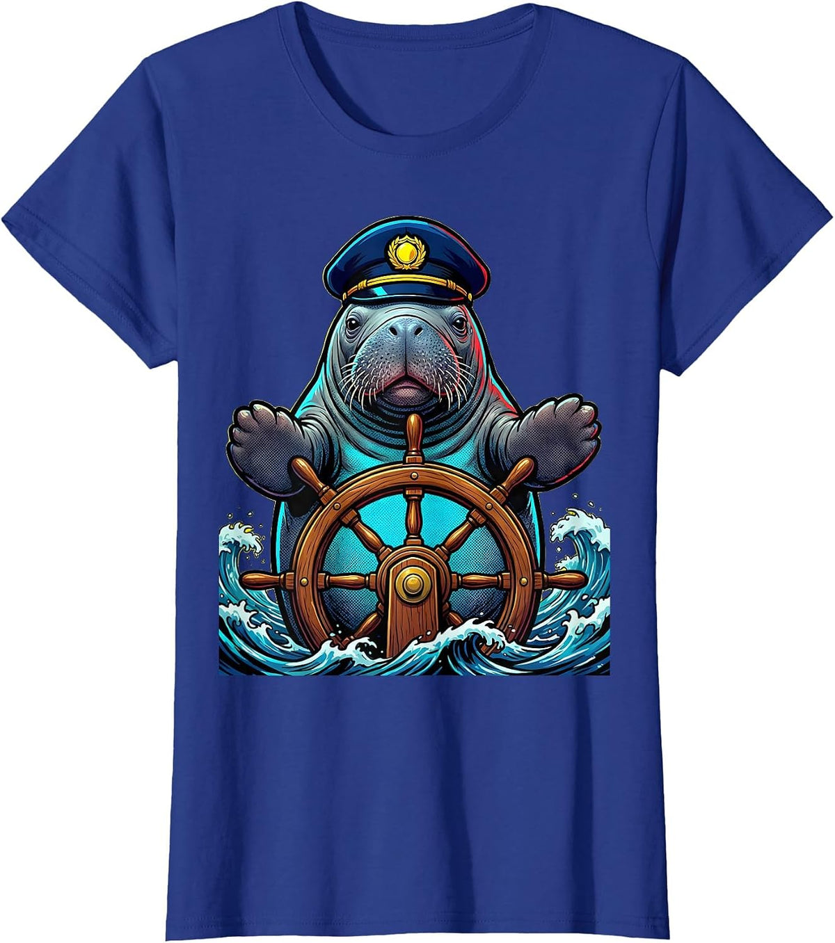Women's Manatee Captain Steering Ship Nautical Design T-Shirt - Royal Blue