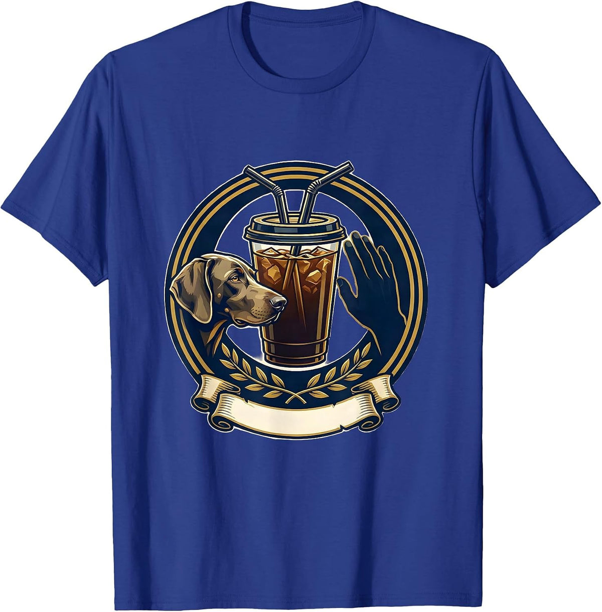 Weimaraner Drinking Iced Coffee Emblem Novelty Dog Breed T-Shirt - Royal Blue