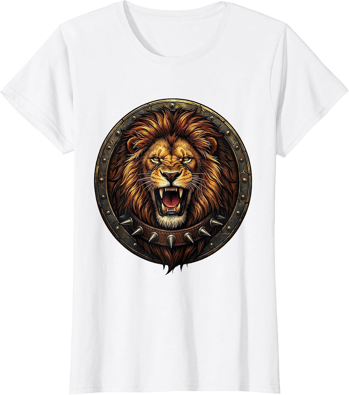 Roaring Lion Spiked Collar Rock Band Graphic T-Shirt - White