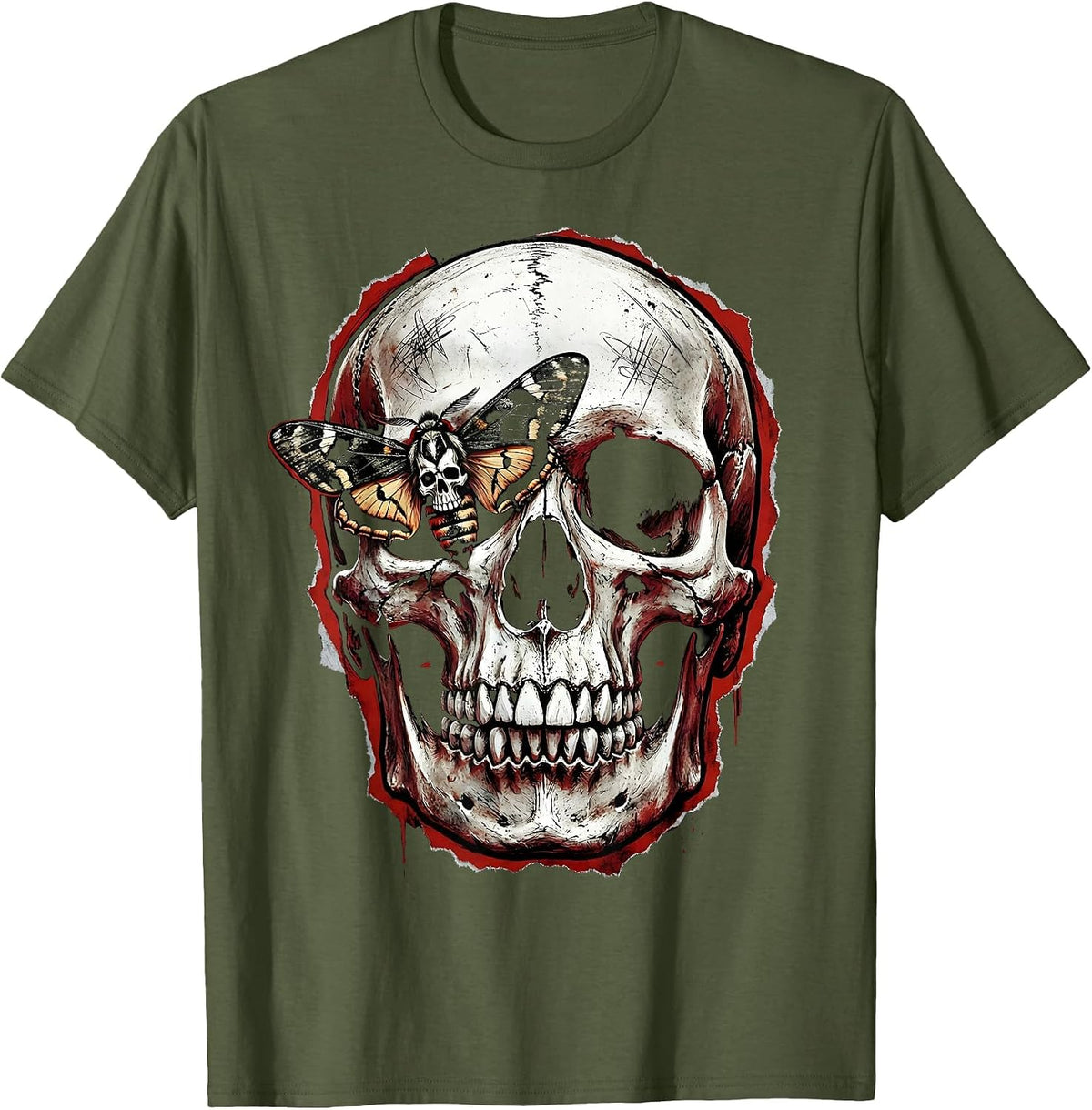 Eyeless Skull Moth Eye Socket Dark Art Design T-Shirt - Olive Green