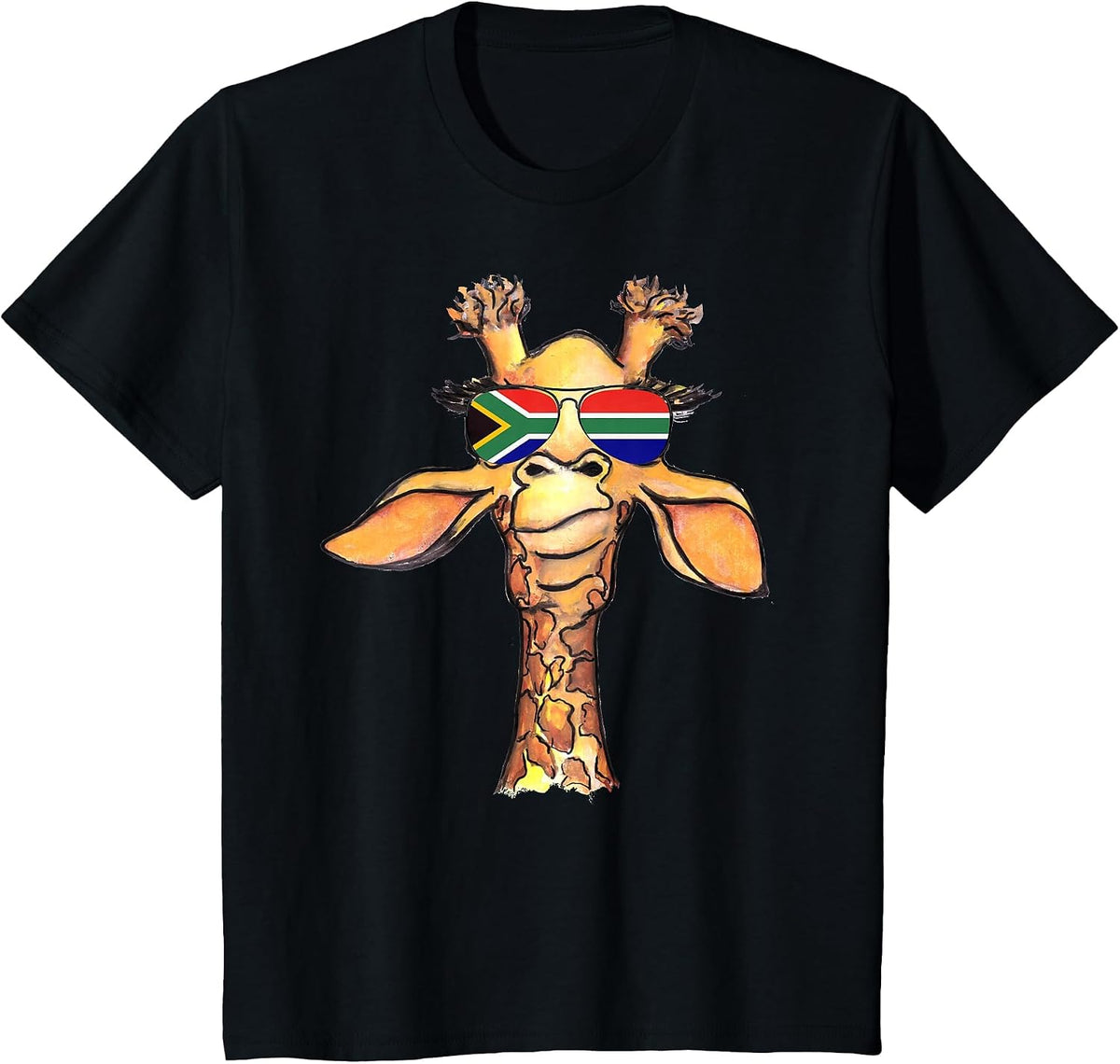 Funny Cute Giraffe with Aviator Sunglasses South Africa Flag T-Shirt - Black