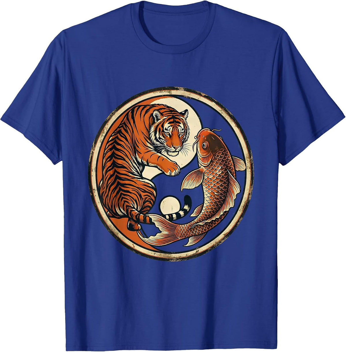 Tiger and Koi Fish Yin-Yang Balance Design T-Shirt - Royal Blue