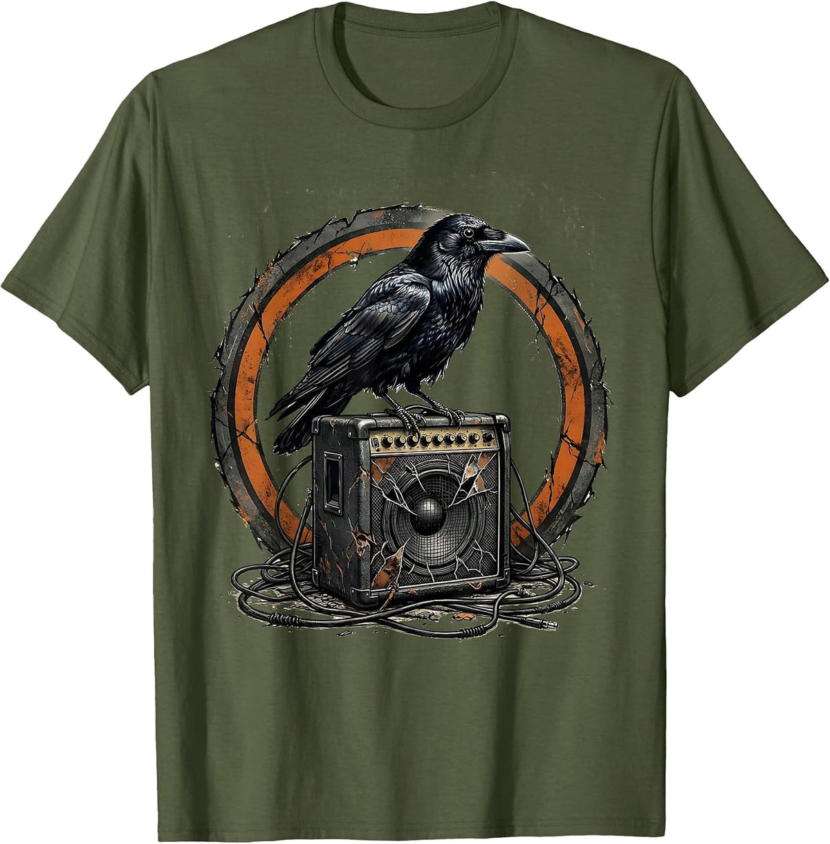 Grunge Crow on Broken Amplifier Illustration T-Shirt - Olive Green