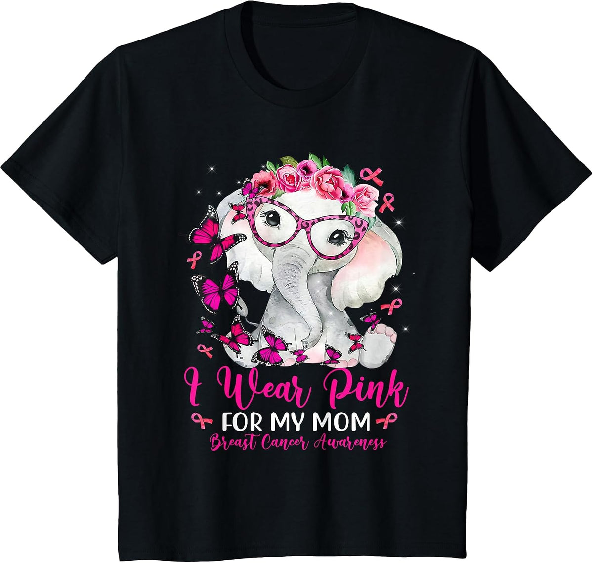I Wear Pink for My Mom Elephant Breast Cancer Awareness T-Shirt - Black