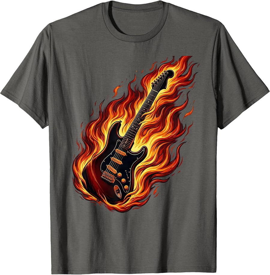 Flaming Electric Guitar Rock Music Graphic T-Shirt - Asphalt Grey