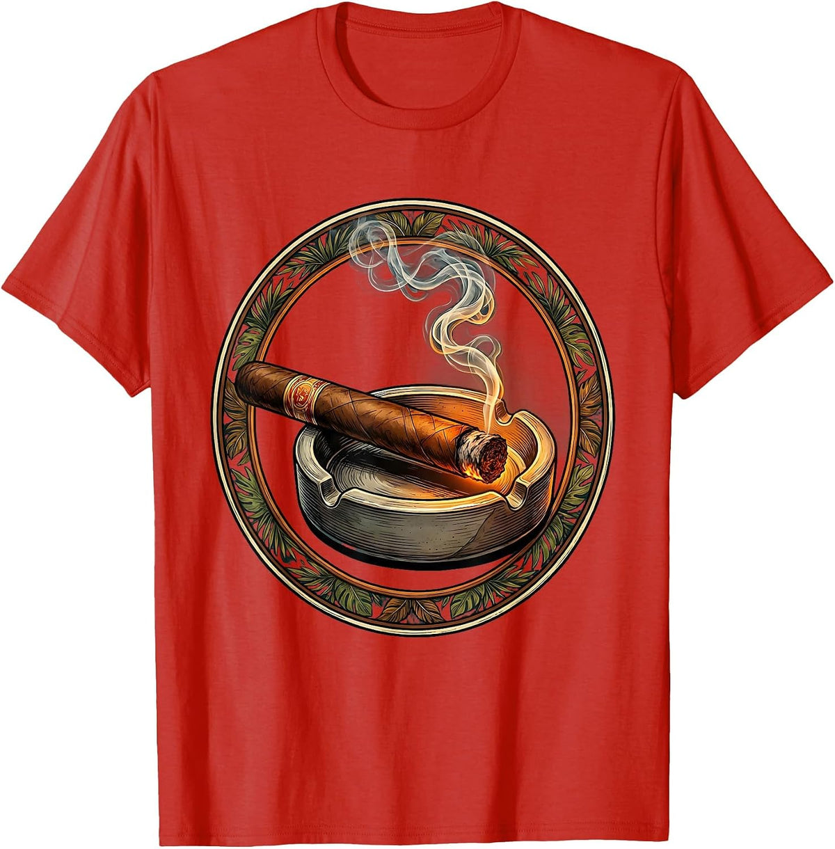 Men's Cuban Cigar Ashtray Smoke Art Illustration T-Shirt - Red