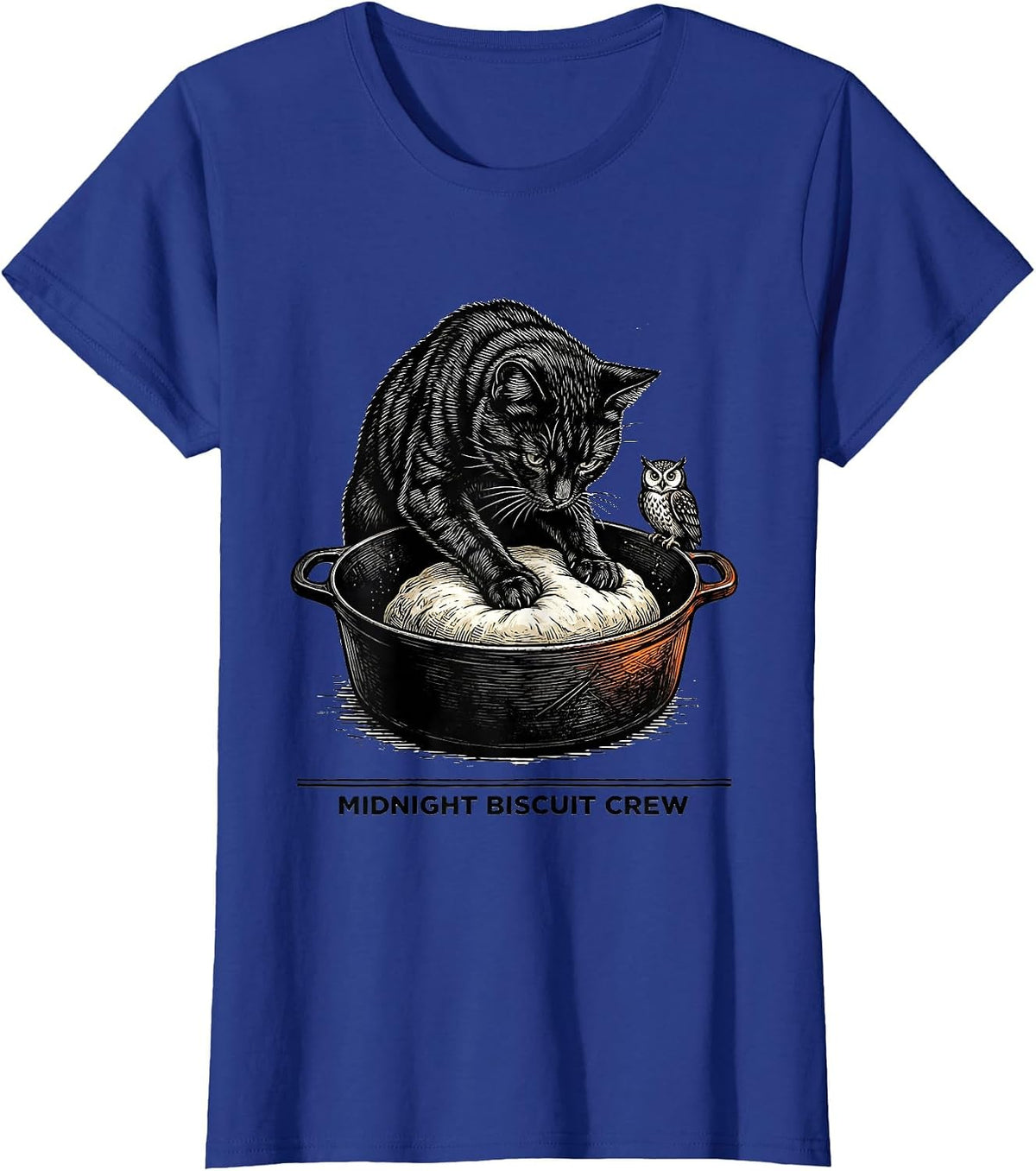 Women's Midnight Biscuit Crew Funny Cat Lover Baking Kitchen Humor T-Shirt - Royal Blue