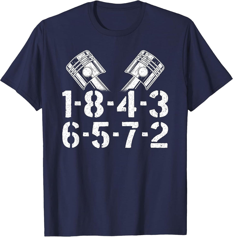 1-8-4-3-6-5-7-2 Firing Order V8 Big Block Car Guy Garage T-Shirt - Navy Blue