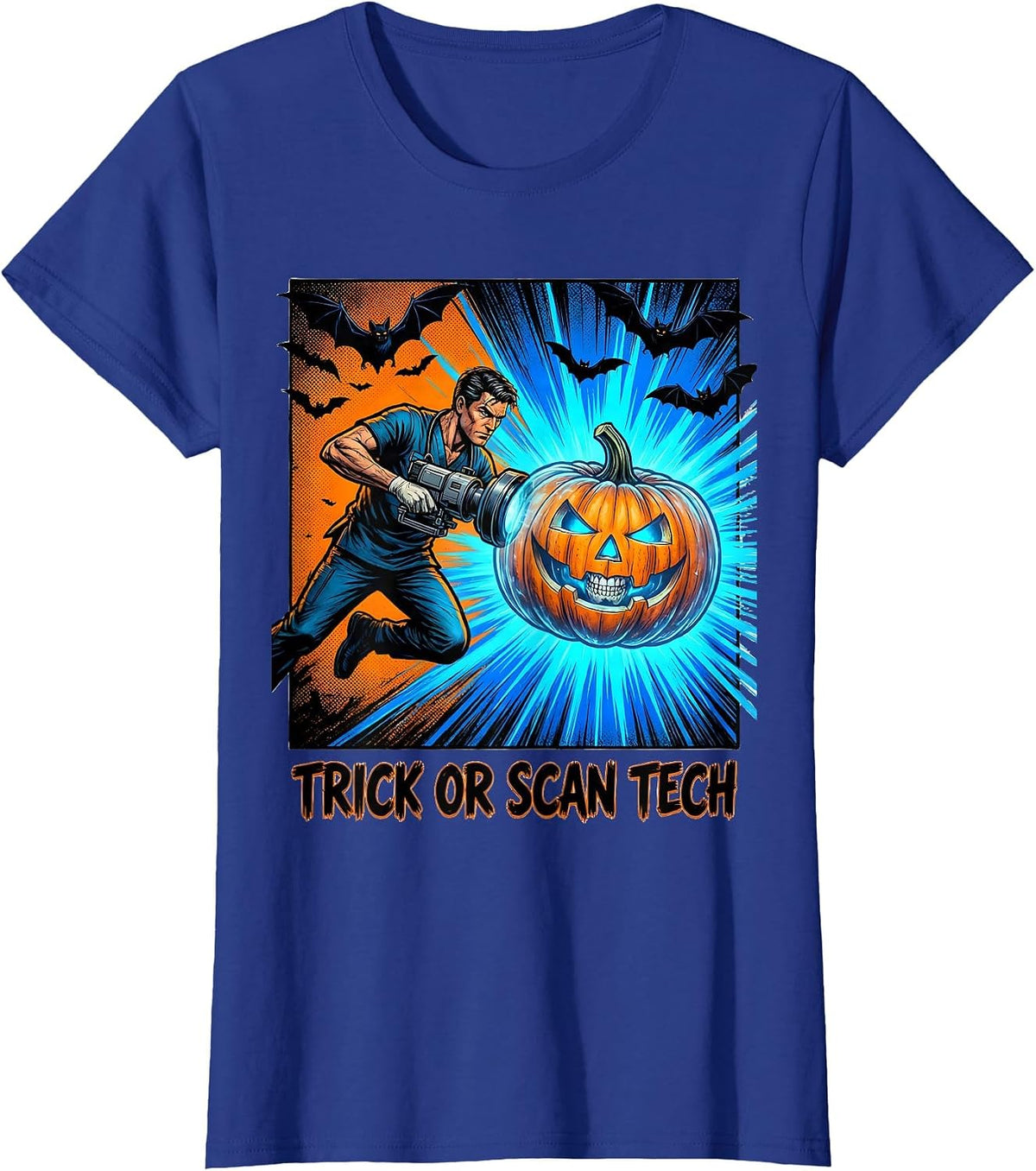 Women's Trick Or Scan Tech Comic Book Radiologic Technologist T-Shirt - Royal Blue