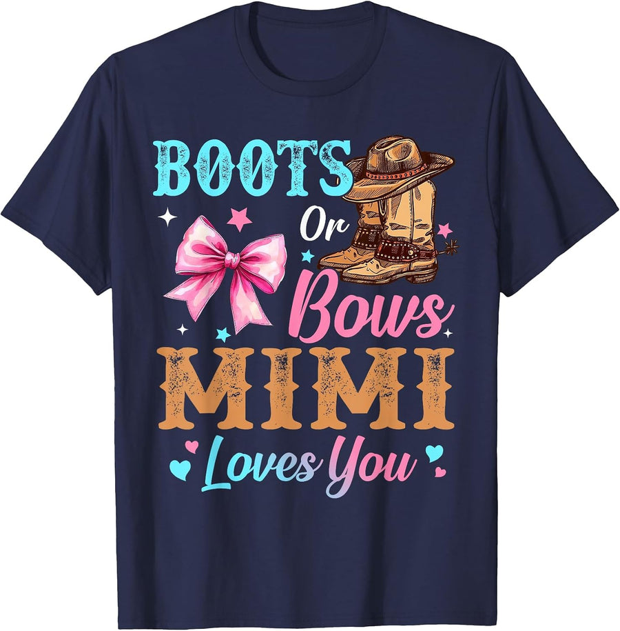 Boots or Bows Mimi Loves You Gender Reveal Family T-Shirt - Navy Blue