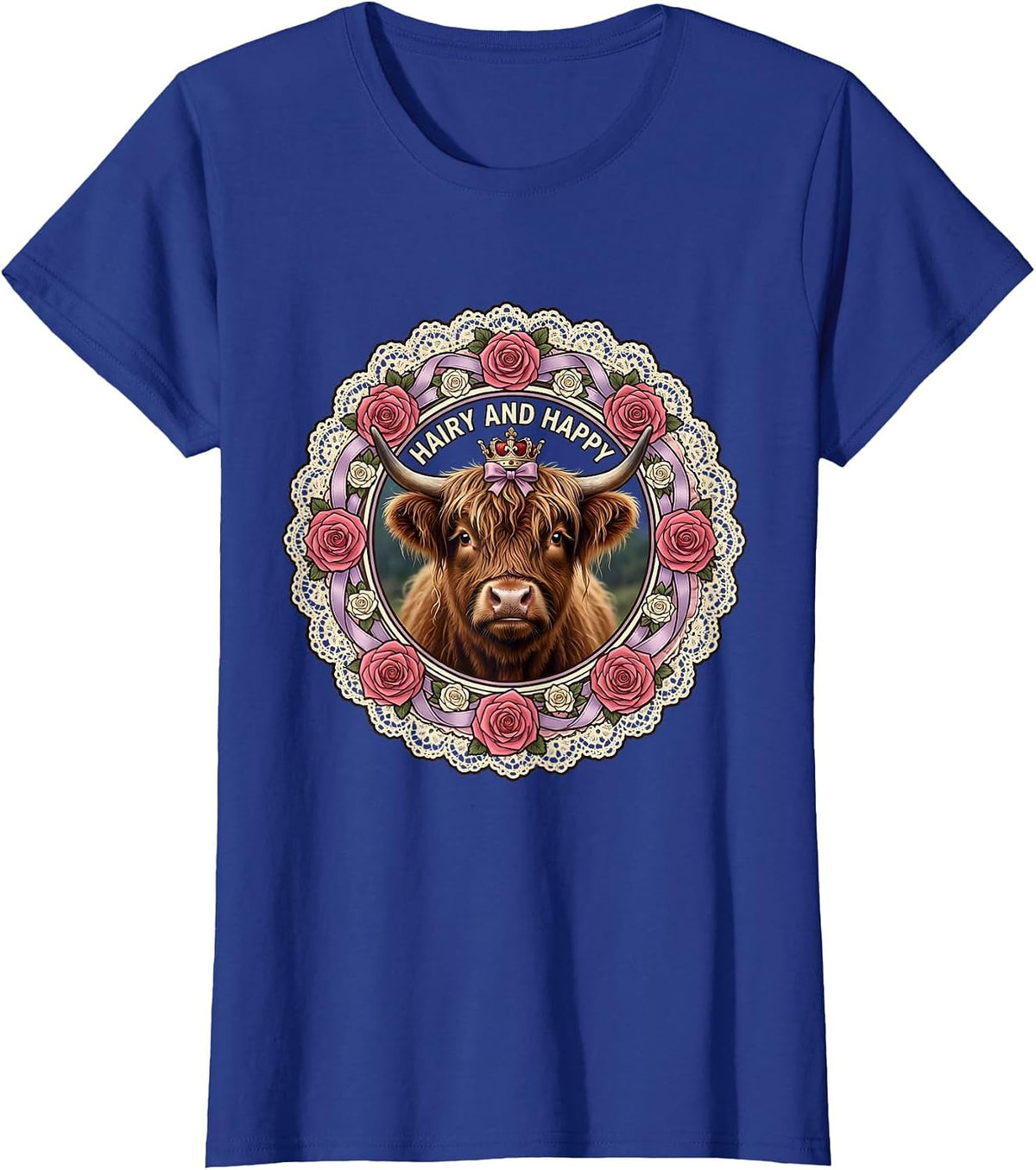 Women's Hairy and Happy Highland Cow Design T-Shirt - Royal Blue