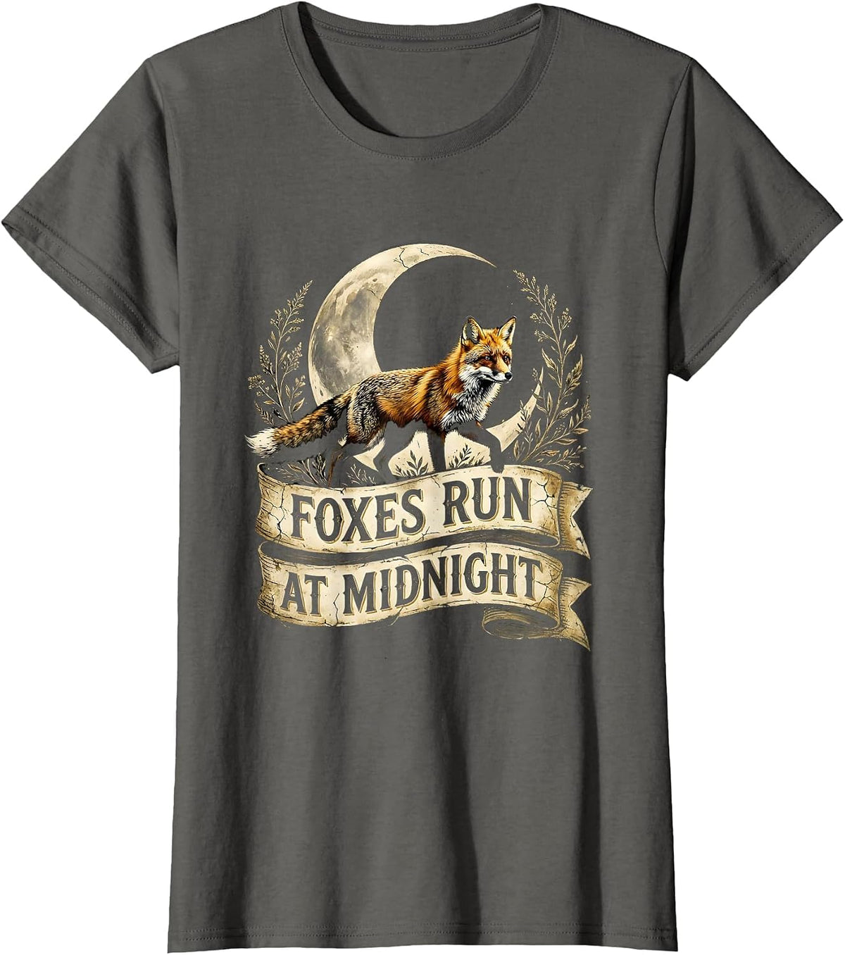 Women's Foxes Run At Midnight Mysterious Fox Design T-Shirt - Asphalt Grey