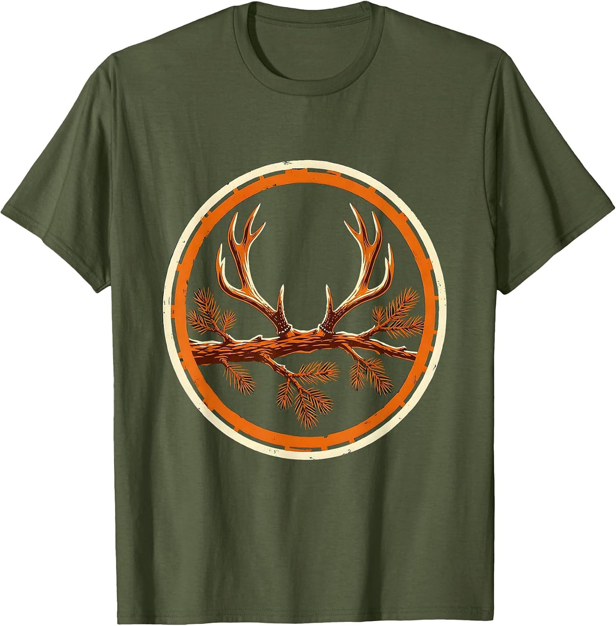 Men's Antler Shed on Pine Branch Hunting Illustration T-Shirt - Olive Green