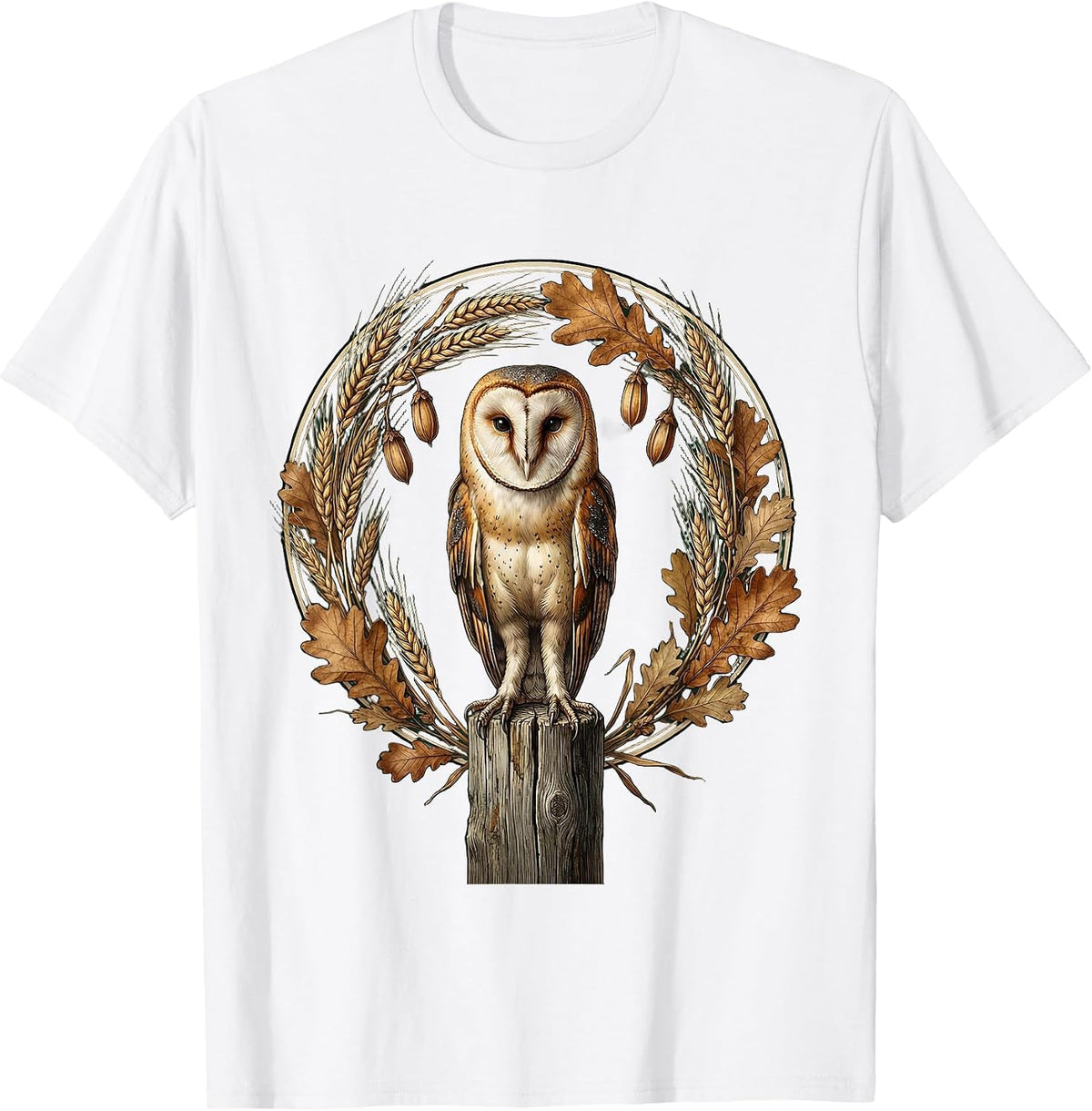 Men's Thanksgiving Barn Owl on Fence Post Illustration T-Shirt - White