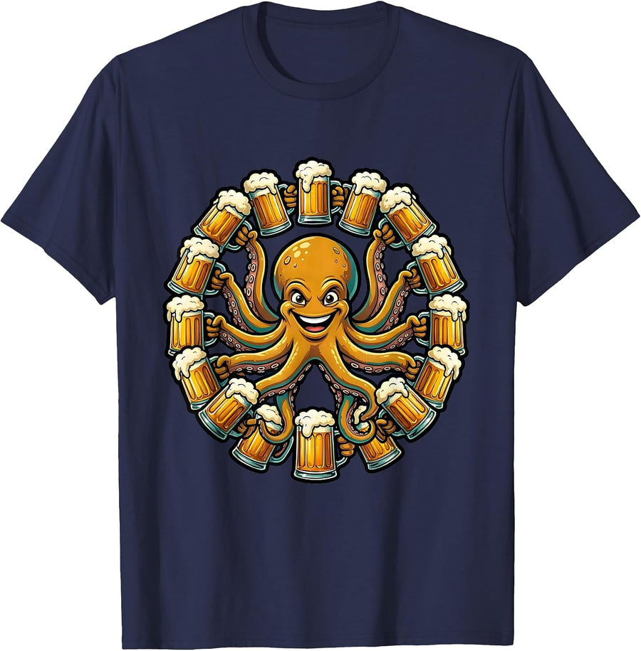 Octopus Beer Mug Holder Funny Drinking Design T-Shirt - Navy Blue