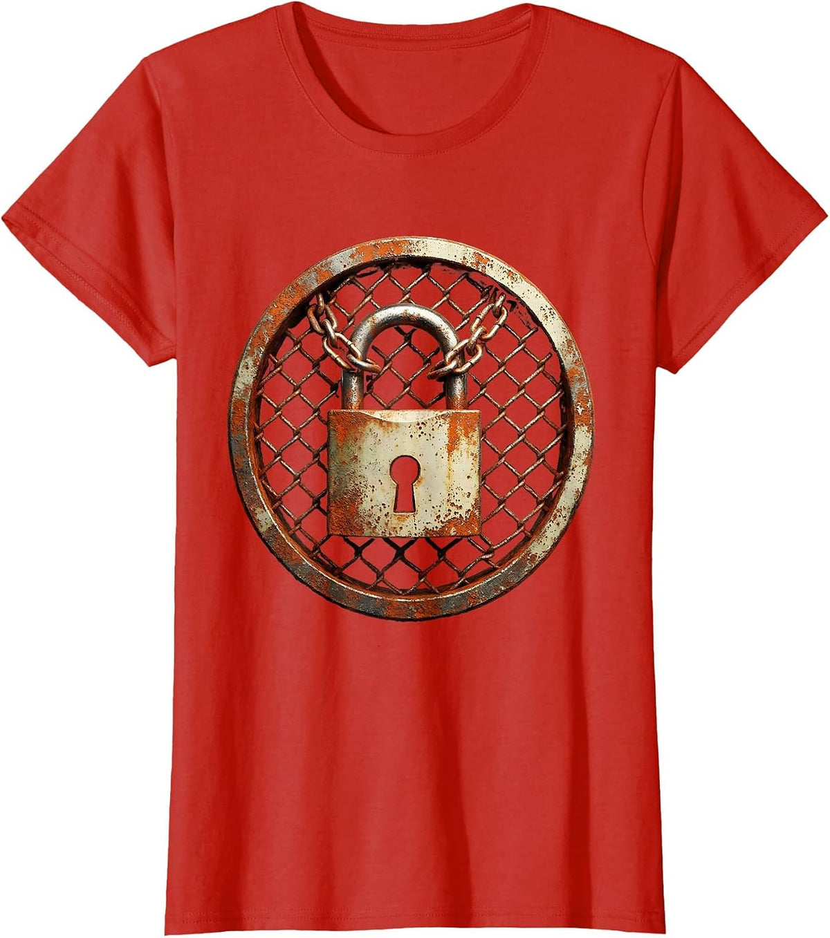Grunge Chained Padlock Rusted Fence Graphic T-Shirt - Red