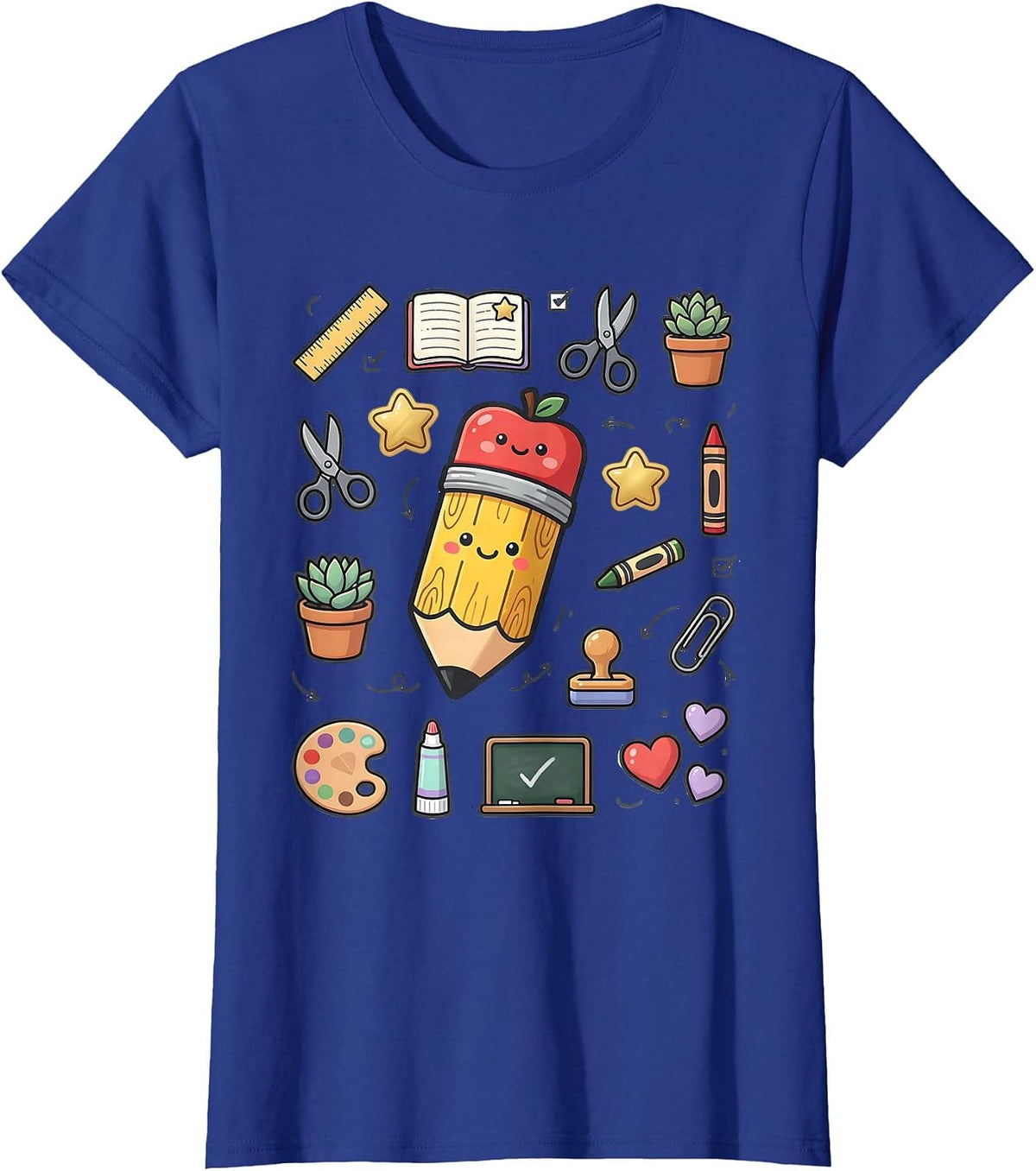 Women's First Grade Teacher Pencil Apple Eraser Graphic T-Shirt - Royal Blue